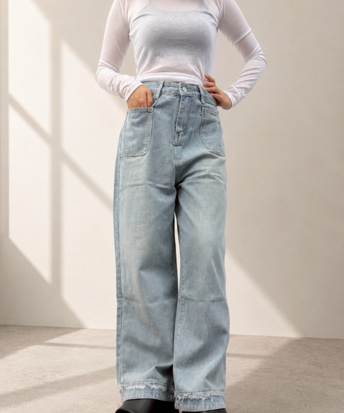 merrylatte(メリーラテ)の「ハイウエストワイドデニムパンツ(デニムパンツ・レディース・ライトブルー・XL/L/M)」の4枚目の写真