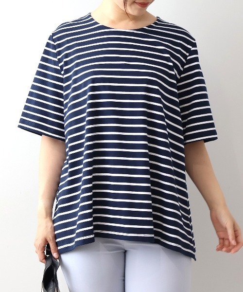 MB mint breeze(エムビーミントブリーズ)の「【WEB限定】【LL~6L 大きいサイズ】フレアヘムボーダーTシャツ(Tシャツ/カットソー・レディース・イエロー/ネイビー/ブラック・4L/6L/LL/3L/5L)」の1枚目の写真
