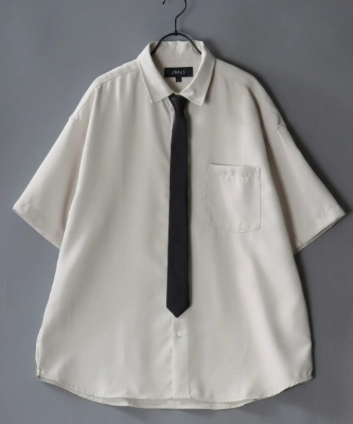 SITRY(シトリー)の「Dress Shirt with Tie/2WAY ネクタイ付き オーバーサイズ 半袖シャツ ドレスシャツ(シャツ/ブラウス・メンズ・ブラック/ベージュ/グレイッシュブルー/ホワイト/ライトグレー・L/M)」の4枚目の写真