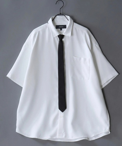 SITRY(シトリー)の「Dress Shirt with Tie/2WAY ネクタイ付き オーバーサイズ 半袖シャツ ドレスシャツ(シャツ/ブラウス・メンズ・ブラック/ベージュ/グレイッシュブルー/ホワイト/ライトグレー・L/M)」の1枚目の写真