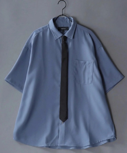 SITRY(シトリー)の「Dress Shirt with Tie/2WAY ネクタイ付き オーバーサイズ 半袖シャツ ドレスシャツ(シャツ/ブラウス・メンズ・ブラック/ベージュ/グレイッシュブルー/ホワイト/ライトグレー・L/M)」の5枚目の写真