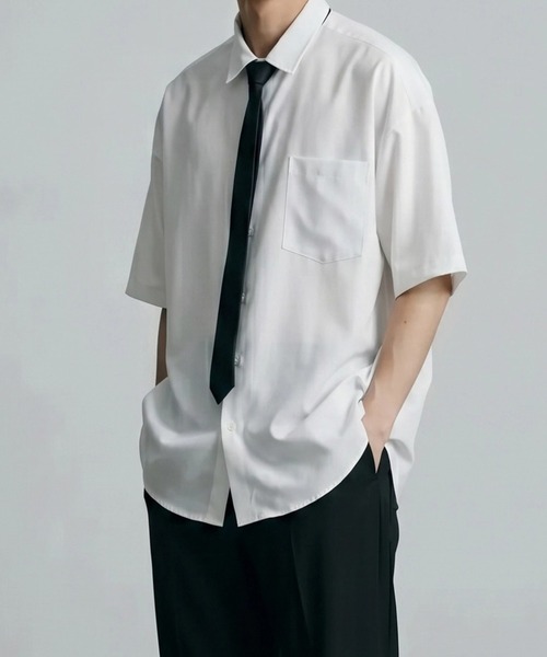 SITRY(シトリー)の「Dress Shirt with Tie/2WAY ネクタイ付き オーバーサイズ 半袖シャツ ドレスシャツ(シャツ/ブラウス・メンズ・ブラック/ベージュ/グレイッシュブルー/ホワイト/ライトグレー・L/M)」の21枚目の写真
