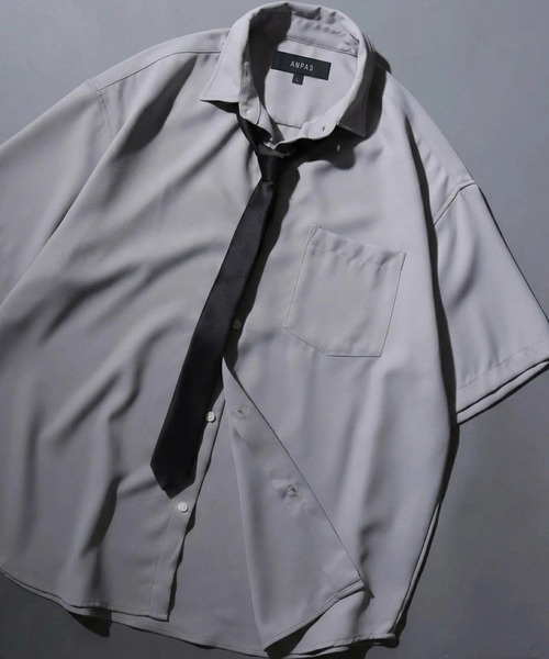 SITRY(シトリー)の「Dress Shirt with Tie/2WAY ネクタイ付き オーバーサイズ 半袖シャツ ドレスシャツ(シャツ/ブラウス・メンズ・ブラック/ベージュ/グレイッシュブルー/ホワイト/ライトグレー・L/M)」の18枚目の写真