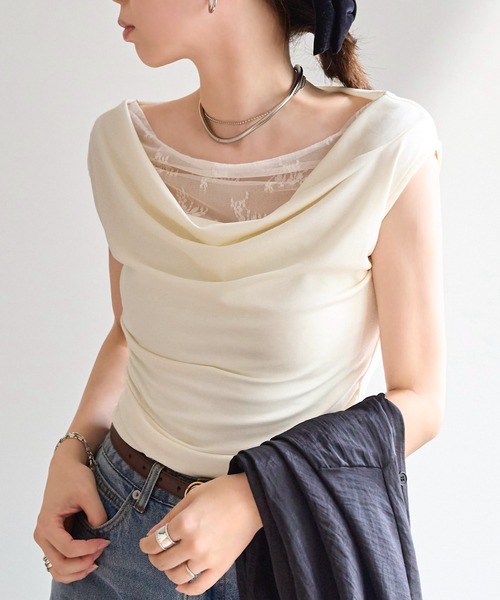 KOBE LETTUCE(コウベレタス)の「レースドッキングドレープニットトップス(Tシャツ/カットソー・レディース・ブラック/アイボリー/ブラウン・M)」の4枚目の写真