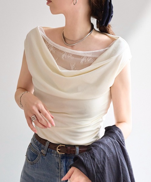 KOBE LETTUCE(コウベレタス)の「レースドッキングドレープニットトップス(Tシャツ/カットソー・レディース・ブラック/アイボリー/ブラウン・M)」の5枚目の写真