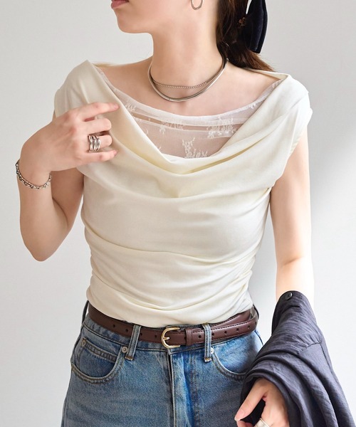 KOBE LETTUCE(コウベレタス)の「レースドッキングドレープニットトップス(Tシャツ/カットソー・レディース・ブラック/アイボリー/ブラウン・M)」の6枚目の写真