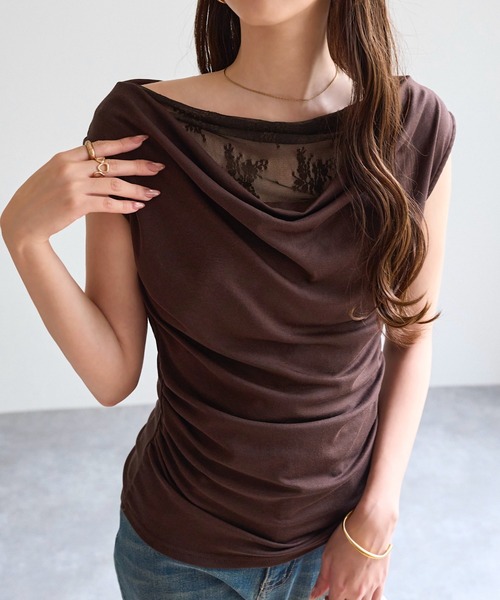 KOBE LETTUCE(コウベレタス)の「レースドッキングドレープニットトップス(Tシャツ/カットソー・レディース・ブラック/アイボリー/ブラウン・M)」の16枚目の写真