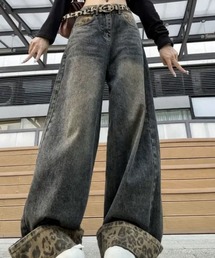 【レオパード切替】ロールアップ固定 レオパードワイドデニムパンツ / 豹柄切替 ストリートバギーパンツ