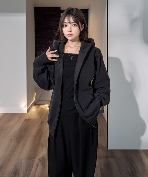 Chandelier(シャンデリア)の「オーバーサイズ モノトーン 裏起毛 スウェット フルジップパーカー 無地 韓国ファッション(パーカー・レディース・ブラック/杢グレー/スミクロ・LL/M/L)」の7枚目の写真