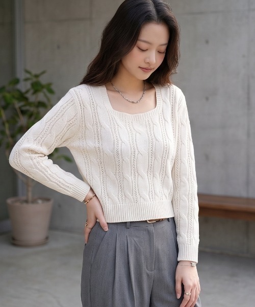 Sew loop(ソーループ)の「ショート丈ケーブル長袖ニット(ニット/セーター・レディース・グレー/アイボリー/ブラック・FREE)」の2枚目の写真
