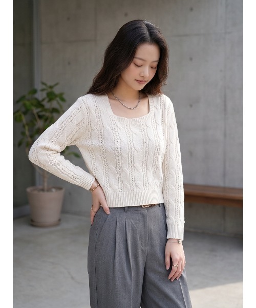 Sew loop(ソーループ)の「ショート丈ケーブル長袖ニット(ニット/セーター・レディース・グレー/アイボリー/ブラック・FREE)」の13枚目の写真