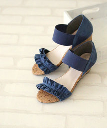 flune（フリューン）の「選べるデザイン フリル シンプル コルク巻き ミドルヒール ゴムストラップ サンダル（サンダル）」