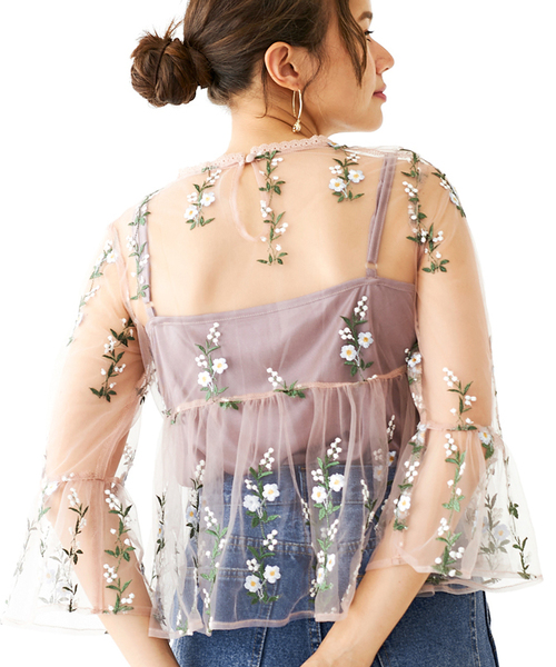 flower(フラワー)の「クオーツフラワーブラウス(シャツ/ブラウス・レディース・ネイビー/ピンクベージュ・フリ-)」の6枚目の写真