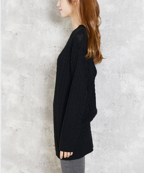 shopnikoniko(ショップニコニコ)の「オーバーサイズ ケーブル編みニット チュニック(チュニック・レディース・チャコールグレー/ブラック/ベージュ/ミックスグレー/グリーン/アイボリー/ボルドー・フリー)」の20枚目の写真
