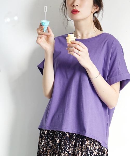 zootie（ズーティー）の「【汗が染みない ゆったりTシャツ】 汗しみない Tシャツ［ワイドシルエット］ 汗染み防止（Tシャツ/カットソー・レディース・ラベンダー/ブラック/グレイッシュブルー/カーキ/キャメル/パープル/ネイビー/ライトブルー/杢グレー/ロイヤルブルー/フューシャピンク/オフホワイト/ライトカーキ/グレイッシュベージュ/ブラウン/オレンジ系その他/オレンジ系その他2/モカ/ダークグリーン/アイボリー/パープル系その他/ブルー系その他2/ダークブラウン/イエロー系その他/レッド系その他/ミント・M-L）」の18枚目の写真