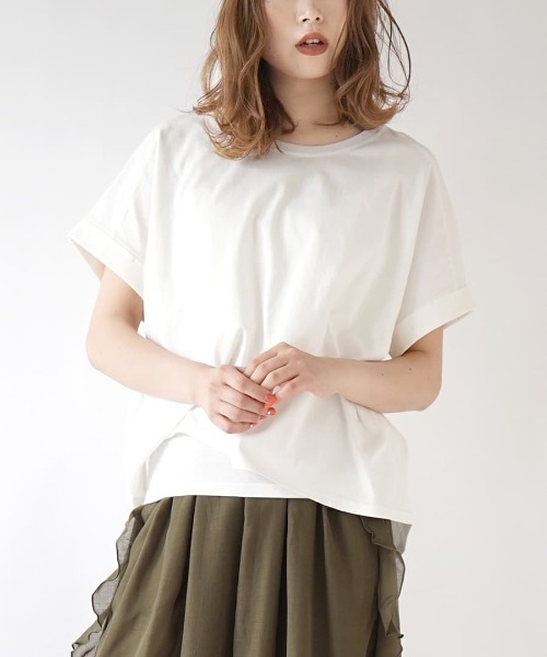 zootie（ズーティー）の「【汗が染みない ゆったりTシャツ】 汗しみない Tシャツ［ワイドシルエット］ 汗染み防止（Tシャツ/カットソー・レディース・ラベンダー/ブラック/グレイッシュブルー/カーキ/キャメル/パープル/ネイビー/ライトブルー/杢グレー/ロイヤルブルー/フューシャピンク/オフホワイト/ライトカーキ/グレイッシュベージュ/ブラウン/オレンジ系その他/オレンジ系その他2/モカ/ダークグリーン/アイボリー/パープル系その他/ブルー系その他2/ダークブラウン/イエロー系その他/レッド系その他/ミント・M-L）」の2枚目の写真