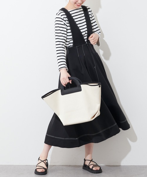 natural couture（ナチュラルクチュール）の「配色ステッチ2WAYジャンスカ（ワンピース・レディース・アイボリー/ブラック/グレイッシュベージュ・FREE）」の2枚目の写真