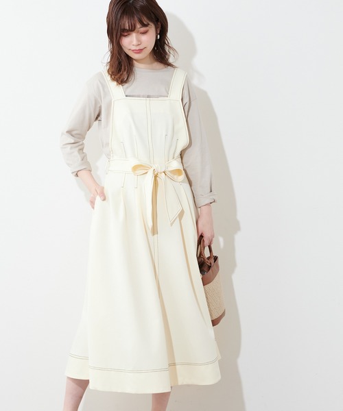 natural couture（ナチュラルクチュール）の「配色ステッチ2WAYジャンスカ（ワンピース・レディース・アイボリー/ブラック/グレイッシュベージュ・FREE）」の14枚目の写真