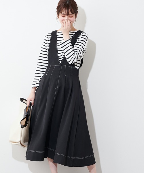 natural couture（ナチュラルクチュール）の「配色ステッチ2WAYジャンスカ（ワンピース・レディース・アイボリー/ブラック/グレイッシュベージュ・FREE）」の8枚目の写真