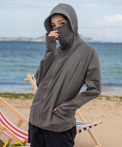 Lace Ladies(レースレディース)の「ハイネックフード付きUVカットヒンヤリラッシュガード(ラッシュガード・レディース・ホワイト/ライトブルー/ブラック/パープル/ネイビー/グレー/ピンク/ワインレッド・LL/S/M/L)」の3枚目の写真