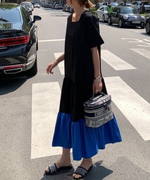 a lot of love | バイカラー　スクエアネック　裾ティアード　フレアワンピース(ワンピース)