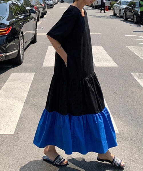 a lot of love（ア ロット オブ ラブ）の「バイカラー　スクエアネック　裾ティアード　フレアワンピース（ワンピース・レディース・ホワイト/ブラック・L/XL/M/S）」の15枚目の写真