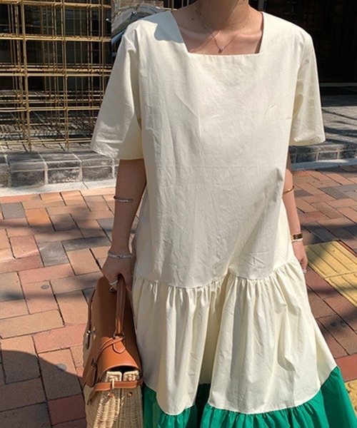 a lot of love（ア ロット オブ ラブ）の「バイカラー　スクエアネック　裾ティアード　フレアワンピース（ワンピース・レディース・ホワイト/ブラック・L/XL/M/S）」の18枚目の写真