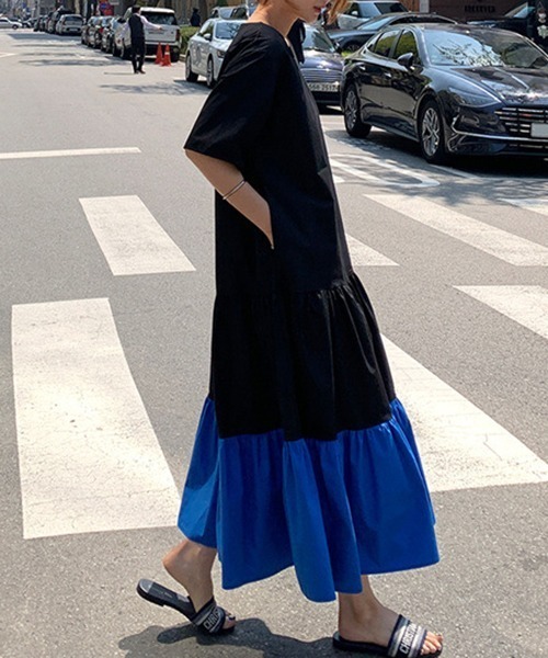 a lot of love（ア ロット オブ ラブ）の「バイカラー　スクエアネック　裾ティアード　フレアワンピース（ワンピース・レディース・ホワイト/ブラック・L/XL/M/S）」の13枚目の写真