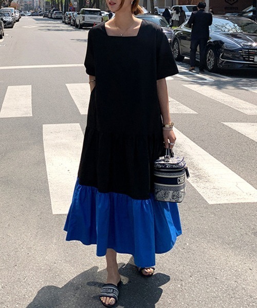 a lot of love（ア ロット オブ ラブ）の「バイカラー　スクエアネック　裾ティアード　フレアワンピース（ワンピース・レディース・ホワイト/ブラック・L/XL/M/S）」の12枚目の写真