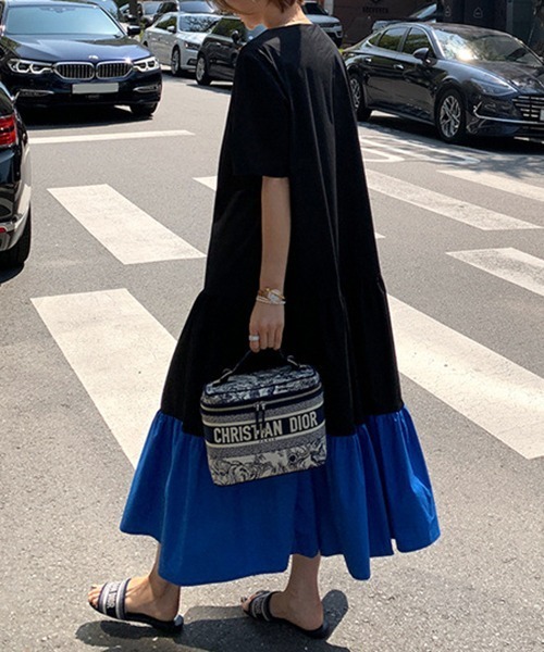 a lot of love（ア ロット オブ ラブ）の「バイカラー　スクエアネック　裾ティアード　フレアワンピース（ワンピース・レディース・ホワイト/ブラック・L/XL/M/S）」の10枚目の写真