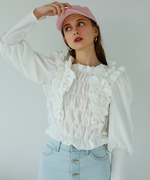 Seemi. byNICECLAUP（ シーミーバイナイスクラップ）の「フリルブラウス（シャツ/ブラウス・レディース・ブラック/ブラウン/オフホワイト・FREE）」の2枚目の写真