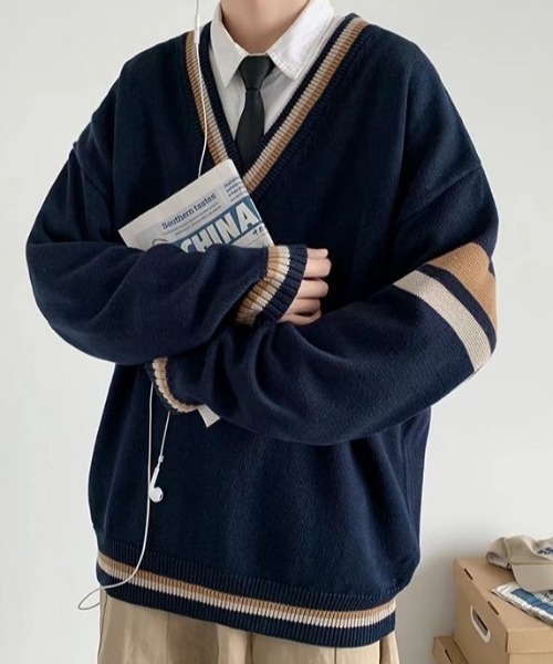 MGV（エムジーヴィー）の「Vネックダブルラインニットプルオーバー（ニット/セーター・メンズ・ベージュ/ネイビー・MEDIUM/LARGE/X-LARGE）」の13枚目の写真