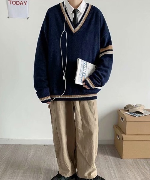 MGV（エムジーヴィー）の「Vネックダブルラインニットプルオーバー（ニット/セーター・メンズ・ベージュ/ネイビー・MEDIUM/LARGE/X-LARGE）」の11枚目の写真