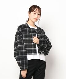 ノーカラージャケット（ブラック/黒色系・チェック柄）ファッション