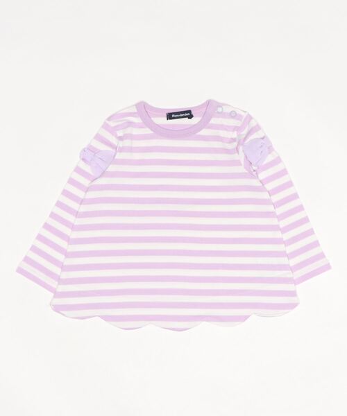 Moujonjon(ムージョンジョン)の「袖リボン裾スカラップボーダーTシャツ(Tシャツ/カットソー・キッズ・パープル/オレンジ・100/110/120/140/90/130/80)」の2枚目の写真