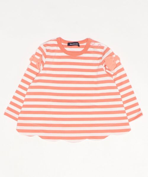 Moujonjon(ムージョンジョン)の「袖リボン裾スカラップボーダーTシャツ(Tシャツ/カットソー・キッズ・パープル/オレンジ・100/110/120/140/90/130/80)」の1枚目の写真