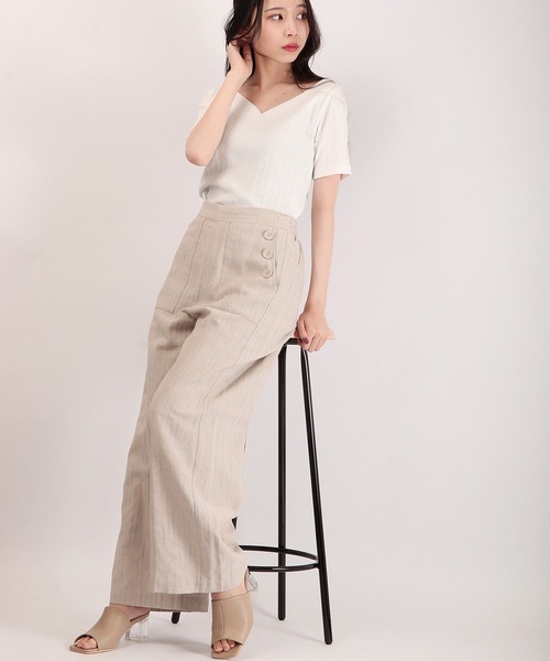 Anna Nicola（アンナニコラ）の「Anna Nicola リネンストライプ ベイカーパンツ（その他パンツ・レディース・ネイビー/ベージュ/オフホワイト・38）」の9枚目の写真