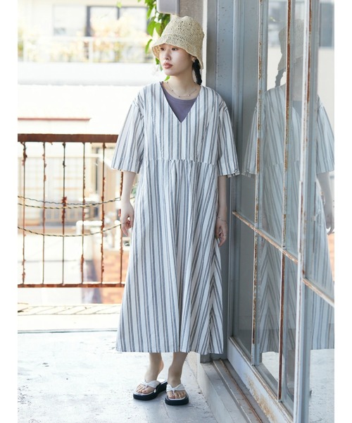 CRAFT STANDARD BOUTIQUE（クラフトスタンダードブティック）の「Vネックリネン混カフタンワンピース　＊◆（ワンピース・レディース・ストライプ・FREE）」の11枚目の写真