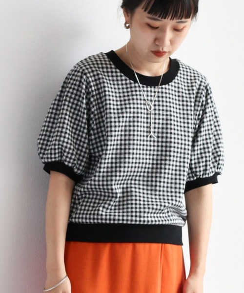 cepo（セポ）の「パフスリーブギンガムチェックトップス（Tシャツ/カットソー・レディース・ブラック/ライム/パープル/ベージュ・M）」の2枚目の写真