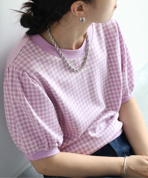 cepo（セポ）の「パフスリーブギンガムチェックトップス（Tシャツ/カットソー・レディース・ブラック/ライム/パープル/ベージュ・M）」の5枚目の写真