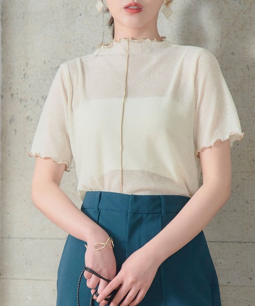 anown(アノン)の「スラブ調 シア―トップス メロウ 半袖 ハイネック ブルー グリーン(Tシャツ/カットソー・レディース・ブラック/オフホワイト/オレンジ/ブルーグリーン・M)」の2枚目の写真