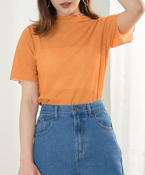 anown(アノン)の「スラブ調 シア―トップス メロウ 半袖 ハイネック ブルー グリーン(Tシャツ/カットソー・レディース・ブラック/オフホワイト/オレンジ/ブルーグリーン・M)」の4枚目の写真