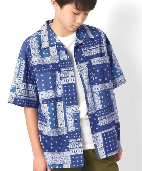 GLAZOS(グラソス)の「総柄オープンカラー半袖シャツ【セットアップ対応】(シャツ/ブラウス・キッズ・カーキ/ブルー・160cm/170cm/150cm)」の2枚目の写真