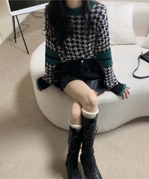 yuue' ( wear )（ユーイ）の「千鳥柄オーバーサイズ ビッグシルエット ロングスリーブニット（ニット/セーター・レディース・ベージュ/ブラウン/ブラック・FREE）」の7枚目の写真
