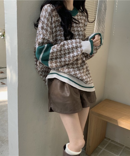 yuue' ( wear )（ユーイ）の「千鳥柄オーバーサイズ ビッグシルエット ロングスリーブニット（ニット/セーター・レディース・ベージュ/ブラウン/ブラック・FREE）」の5枚目の写真