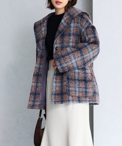 【WEB限定】ウーリッシュシャギーチェック柄セーラーカラーミドル丈コート