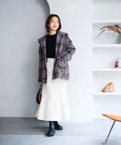 【WEB限定】ウーリッシュシャギーチェック柄セーラーカラーミドル丈コート