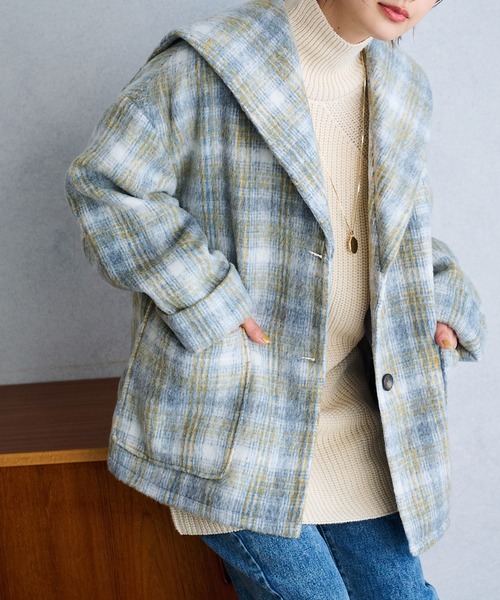【WEB限定】ウーリッシュシャギーチェック柄セーラーカラーミドル丈コート