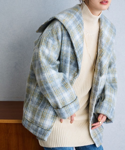 【WEB限定】ウーリッシュシャギーチェック柄セーラーカラーミドル丈コート