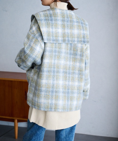 【WEB限定】ウーリッシュシャギーチェック柄セーラーカラーミドル丈コート